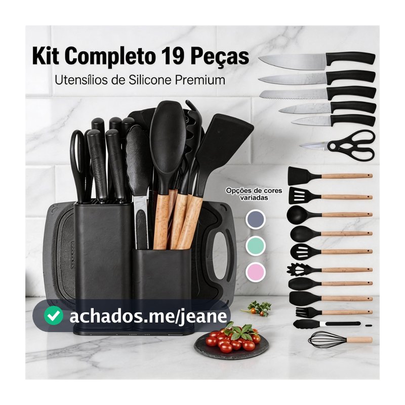 Kit de Facas e Utensílios de Cozinha 19 Peças Completa com Suporte Aço Inoxidável Silicone Antiaderente