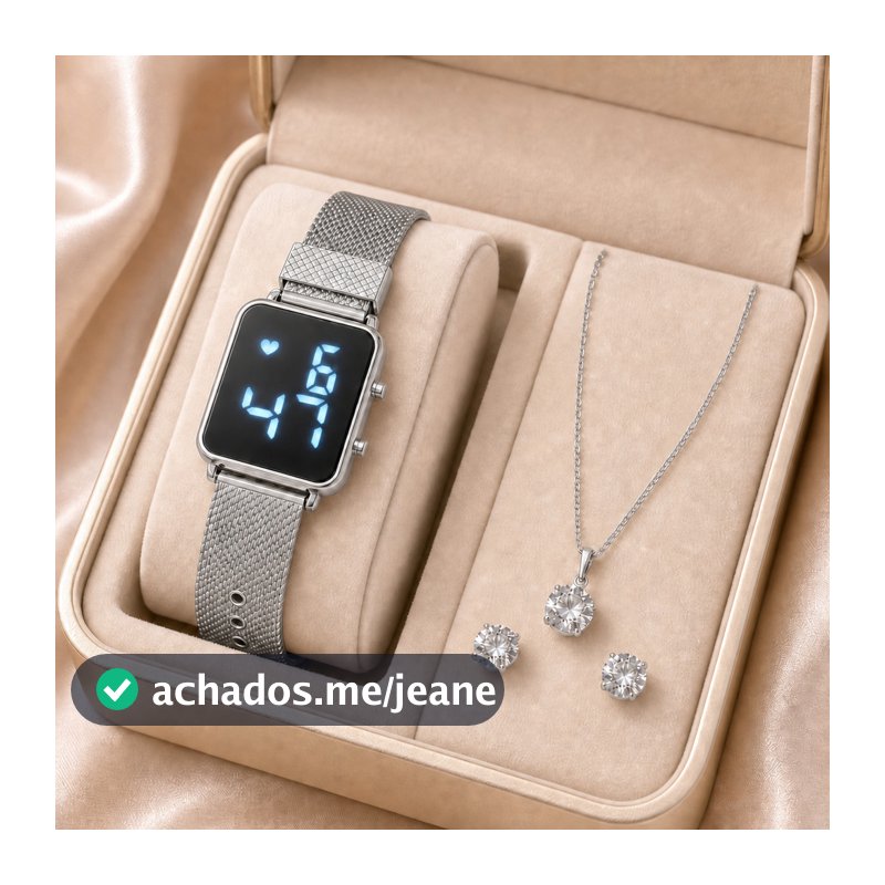 Relógio Digital Feminino com Pulseira de Malha, Colar com Pingente e Brincos