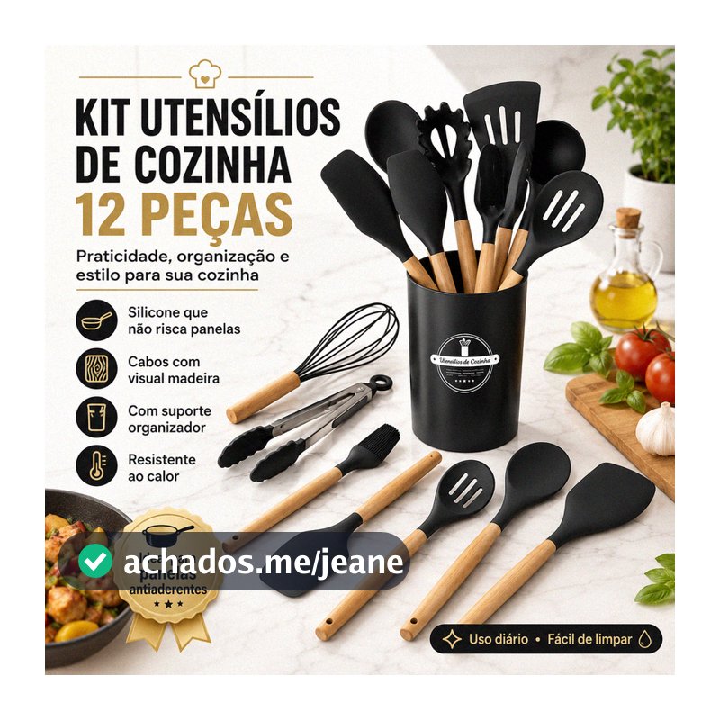 Kit 12 Utensílios de Cozinha Silicone 12 Peças com Suporte Não Risca Panelas Resistente ao Calor