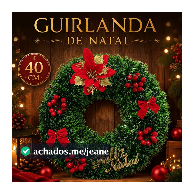 Guirlanda de Natal 40cm Decorada Enfeite para Porta Coroa Natalina Feliz Natal para Porta e Parede