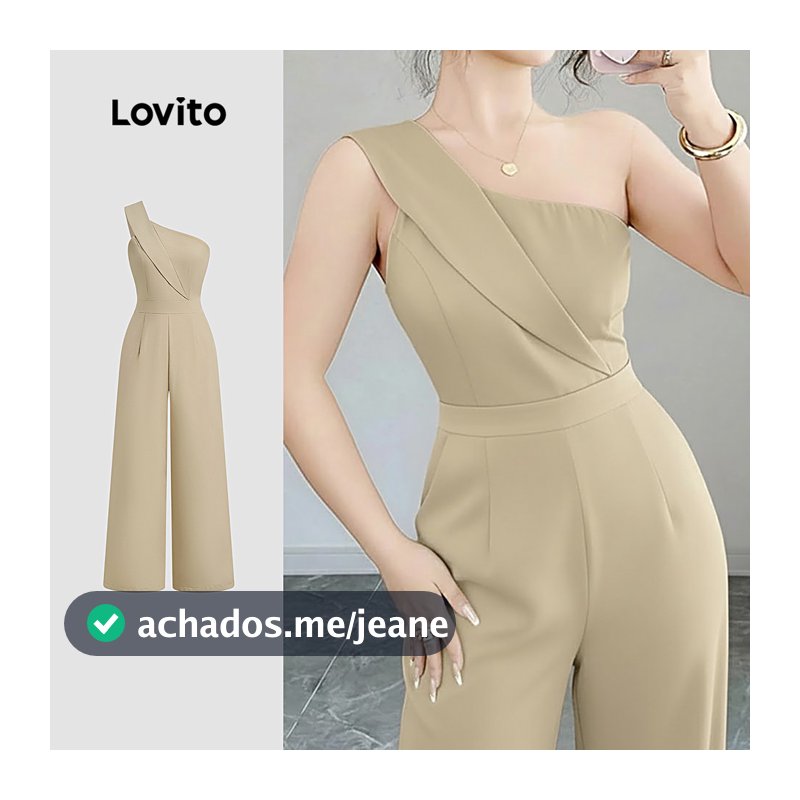 Lovito Cintura Alta Elegante Macacão Assimétrico Cáqui Para Primavera E Verão Para Mulheres L171ED572