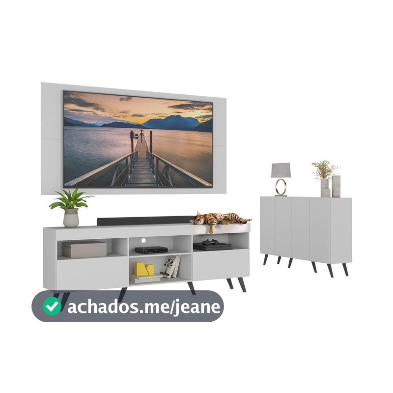 Conjunto Sala de Estar Rack + Painel TV 65" e Aparador Retrô Sofia Multimóveis Branco/Preto