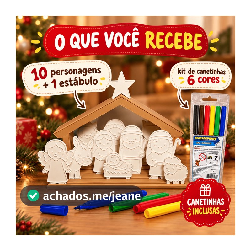 Presépio de Natal para Colorir Infantil 10 Personagens + Estábulo e 6 Canetinhas Kit Educativo