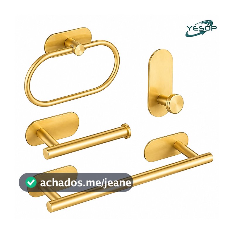 Kit Acessórios Banheiro Dourado 4 Peças Inox Sem Furo Adesivo Premium Parede Moderno Luxo YESOP