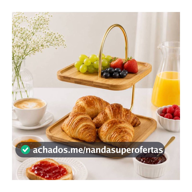Suporte Para Servir 2 Andares Tábua Bambu Natural Haste Dourada Porta Doces Cupcakes Frutas Petiscos Mesa Posta Festa