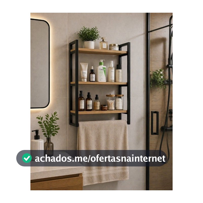 Prateleira com porta toalha, banheiro, area de serviço em ferro e madeira