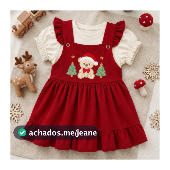 Conjunto Natal Bebê Menina 02 Peças 100% Algodão Bordado Jardineira Salopete e Camiseta Premium