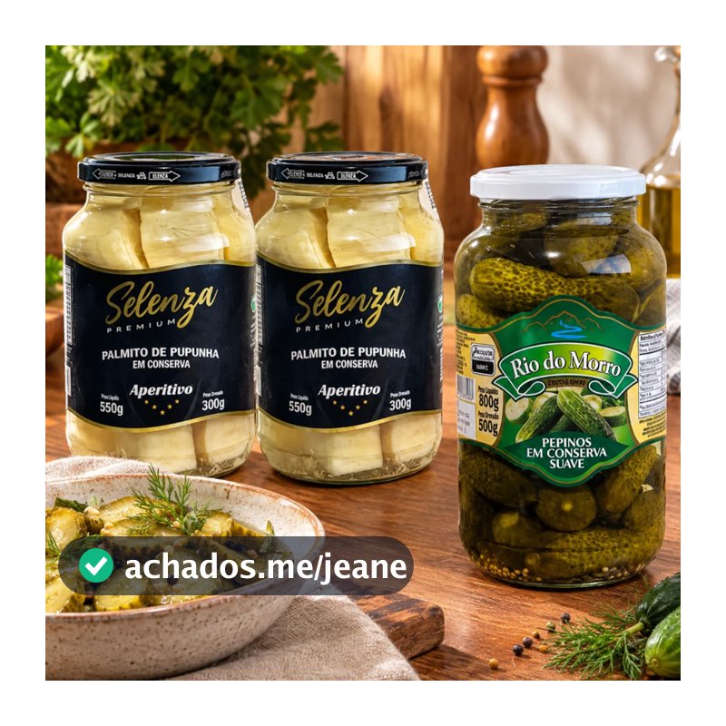 Kit 2 Palmito em Conserva Pupunha Aperitivo Selenza + 1 Pepino 500g Rio do Morro