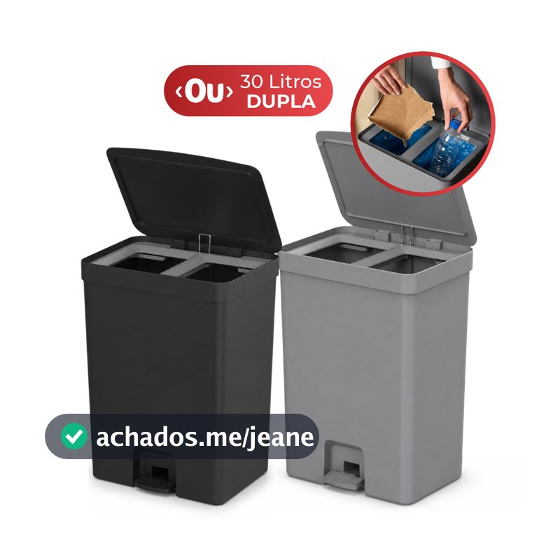 Lixeira para Cozinha 30L de Pedal Duplo Compartimento Linha Trium lixeira banheiro Cinza Preto Ou