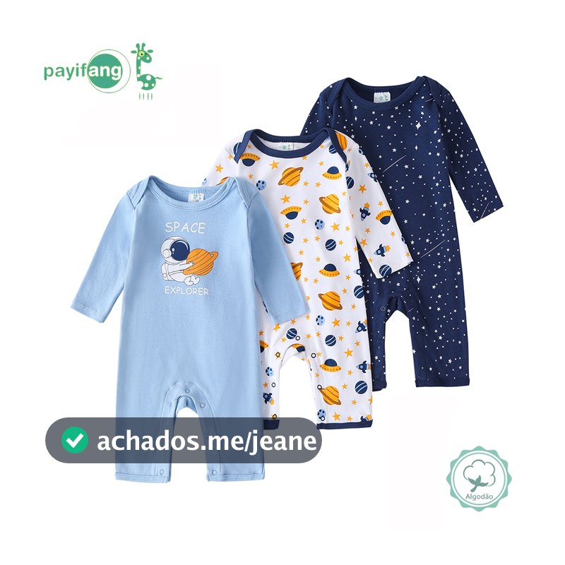 Kit 3 Macacão Bebê Menino Manga Longa 100% Algodão Temática Espaço Planetas Roupa Diária e de Dormir TM-3191
