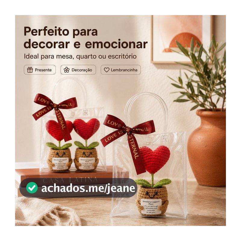 Planta Suporte Emocional Coração Crochê Amigurumi Presente Com Sacola