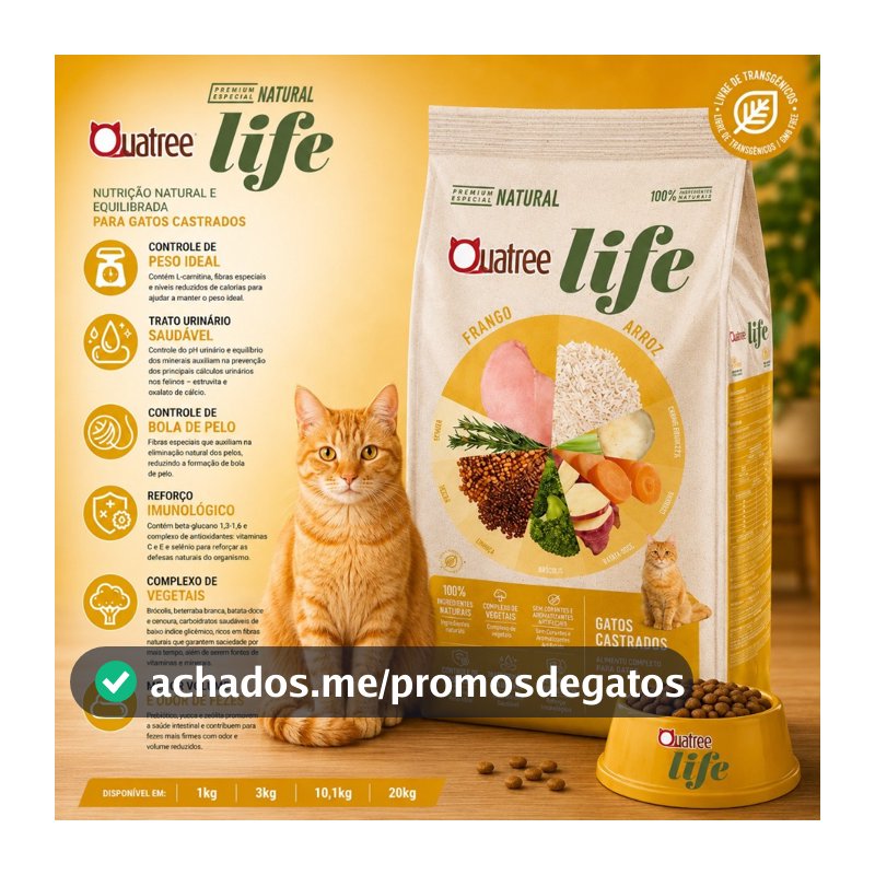 Ração Natural Gato Adulto Castrado 10.1KG Quatree Life Sabor Frango e Arroz