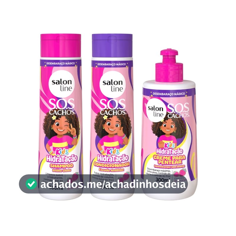 Kit Shampoo + Condicionador + Creme para Pentear 300ml SOS Cachos Kids Hidratação Salon Line