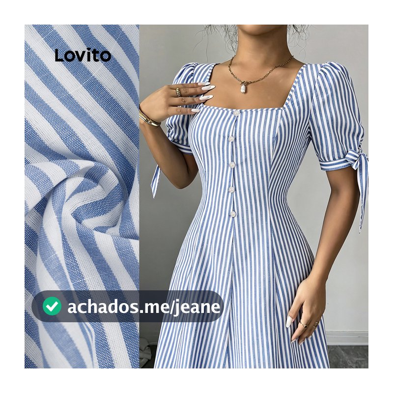 Lovito Vestido Elegante de Amarrar Botão Frontal Primavera/verão Azul para mulheres Bordado DRBR37BR010