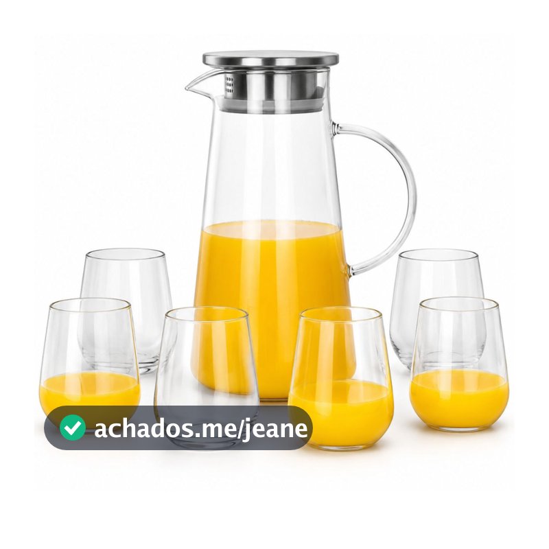 Kit Jarra Borossilicato Tampa Inox 1,9l + 6 Copos 450ml Agua Suco chá transparente