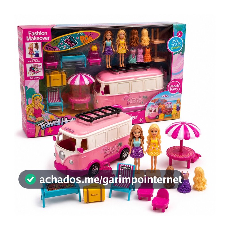 Boneca com Acessórios Kombi 25 Peças Troca Roupa Cabelo Casinha Infantil Completa Presente