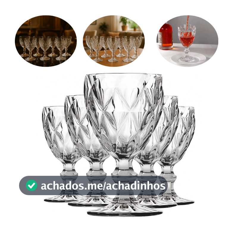 Jogo 6 /12 Taças Diamond 340ml Vidro Transparente Mesa Posta Luxo Taça Decorativa Elegante Cristal