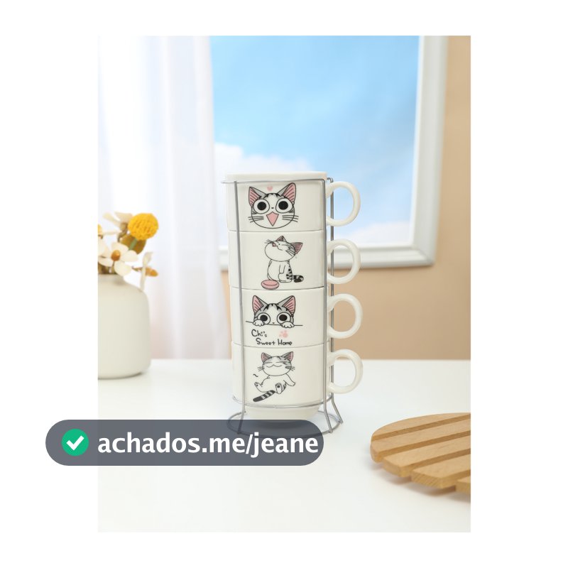 Kit 4 Xícaras Cerâmicas + 1 Suporte Torre de Metal 160ml - Pets/Gatinhos