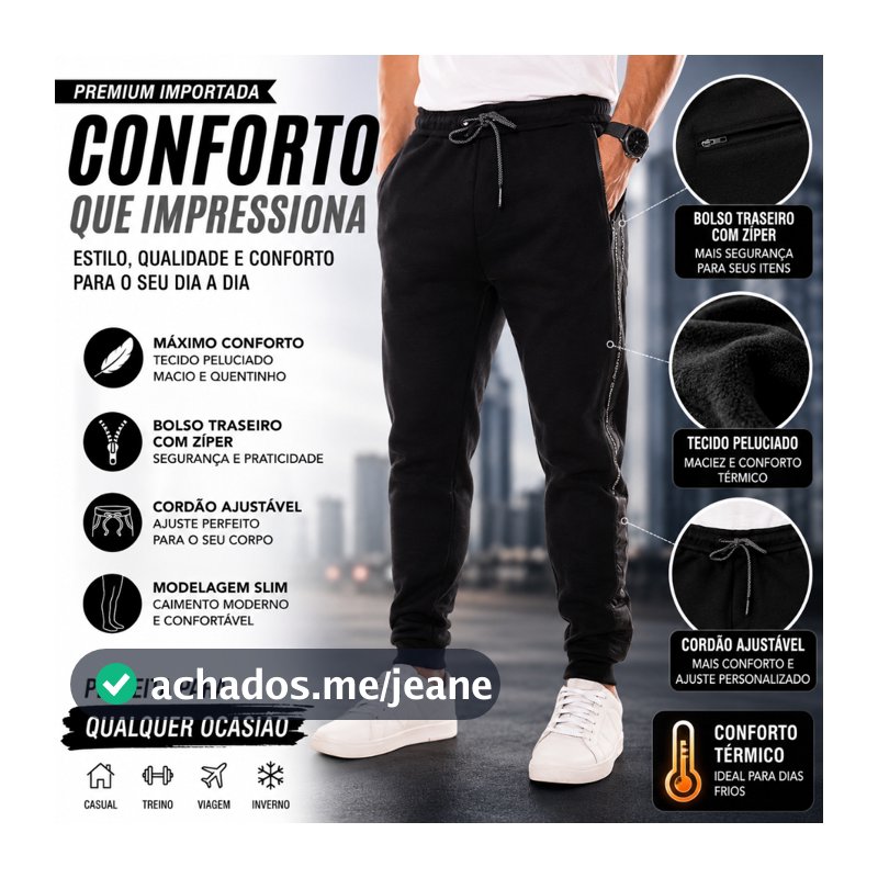 Calça Moletom Pesada Masculina Premium Peluciada Importada com Bolso Zíper e Cordão Ajustável.