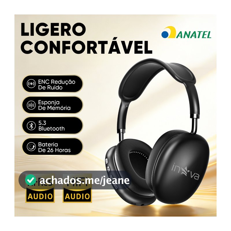 INOVA Fone Bluetooth Sem Fio Dobrável Original Com Cancelamento De Ruído E Longa Duração De Bateria 26 Horas