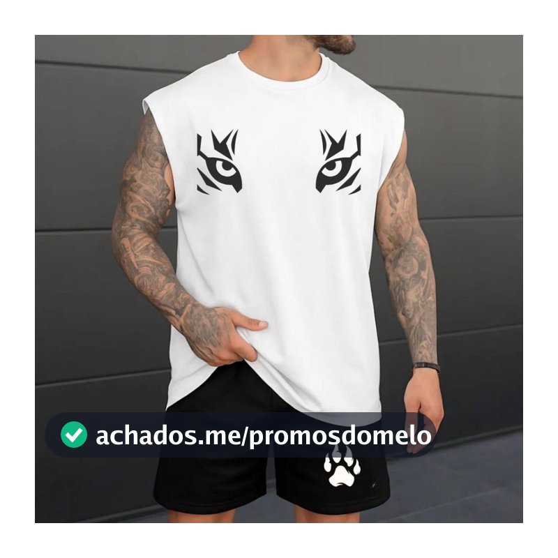 Kit Masculino Duas Peças Regata e Short Tactel Estampa Olho de Tigre Treino Academia