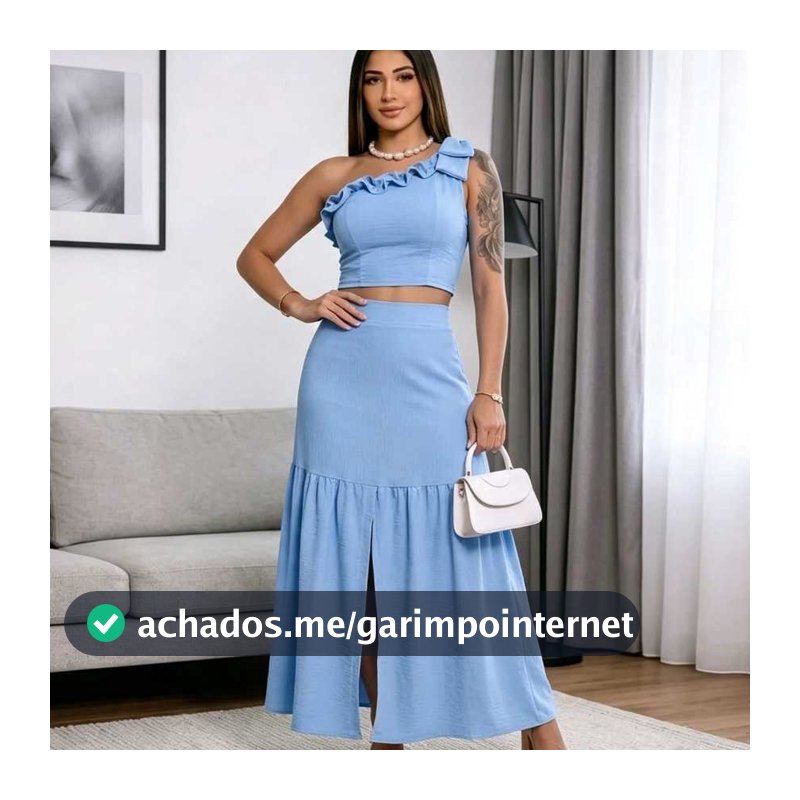 CONJUNTO SAIA LONGO E CROPPED COM BOJO LAÇO NO OMBRO E ELASTEX NAS COSTAS TECIDO DUNA MODA FEMININA