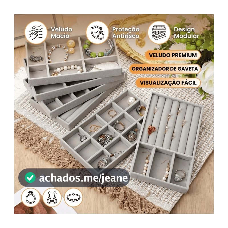 Organizador Porta Joias Gaveta Veludo Premium - Bandeja Modular Para Anéis Brincos Pulseiras