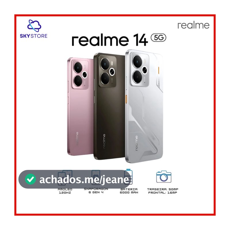 Realme 14 5G, 512/12GB RAM, 256/8GB RAM, 256/12GB RAM Câmera 50MP,  Snapdragon® 6 Gen 4, Bateria 6000mAh ,Versão Global.