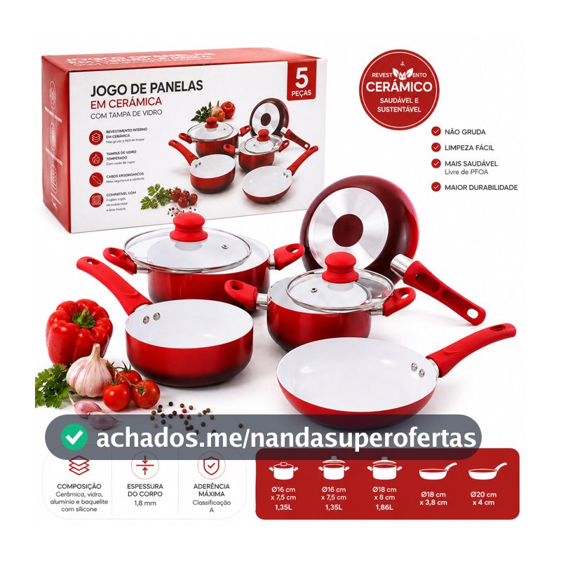 Kit Jogo Panelas Em Cerâmica Tampa De Vidro Frigideira 5 Pçs