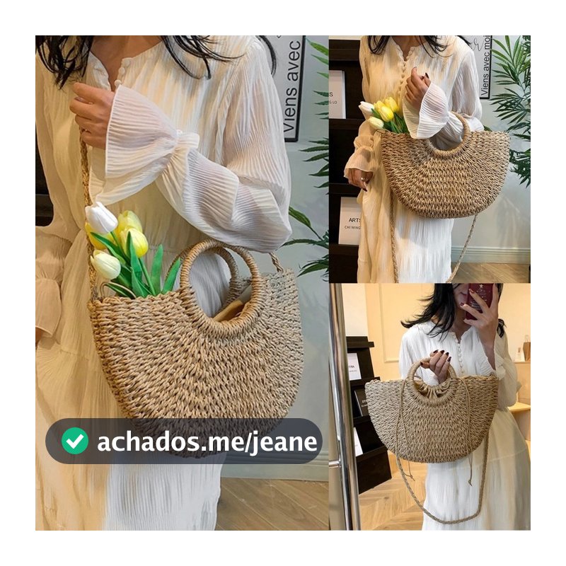Bolsa de Palha Moda Praia Meia Lua Forrada com Saco Piscina Verão