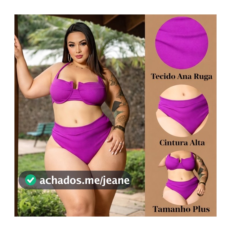 Conjunto De BiquÍni Plus Size Meia Taça com Cintura Alta Amarrações Ajustáveis tecido Ana Ruga