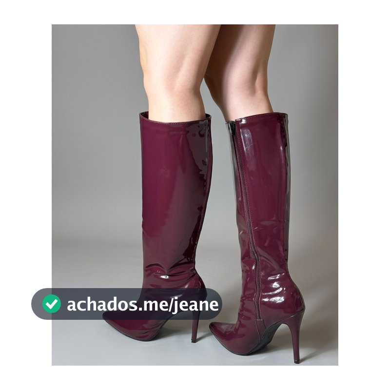 Bota feminina cano alto salto fino verniz zíper forrada
