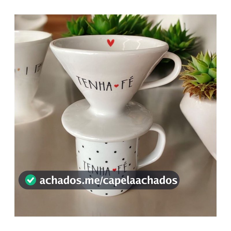 Kit Caneca 300 Ml Decorada + Coador De Porcelana Filtro Café Individual Frases
