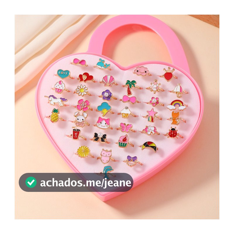 Kit 36 Anéis Infantil Menina + Caixa Coração / Ajustável Sortidos