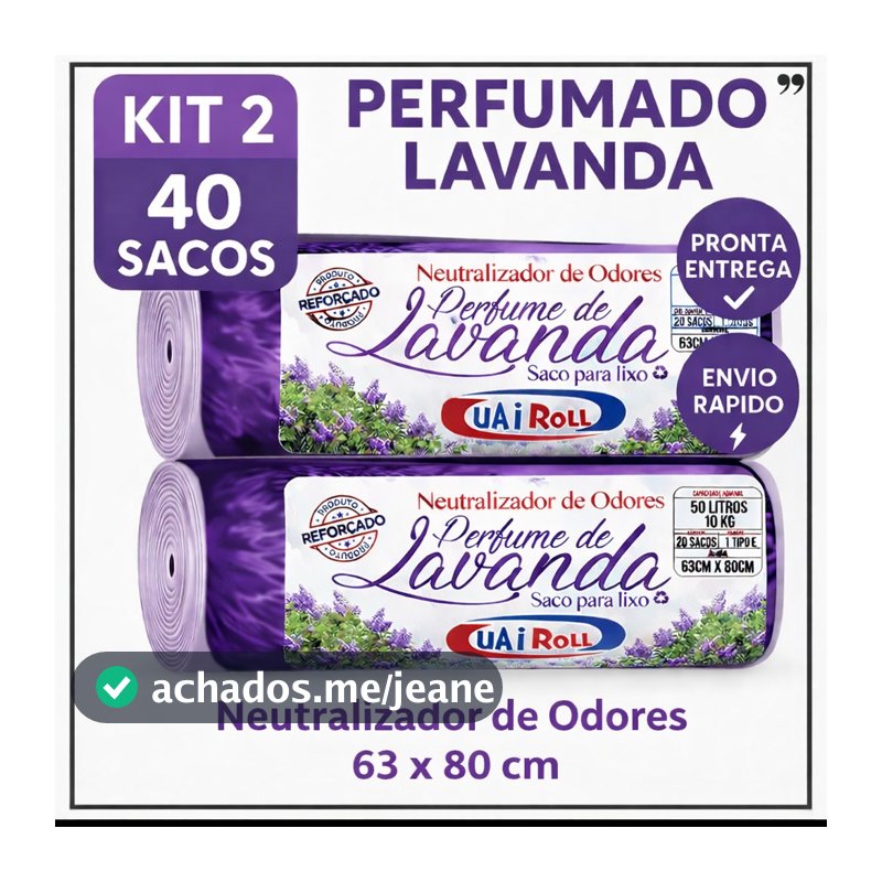 Saco De Lixo Kit 2 Rolls 40 Unidades 50 Litros Tira Odor Perfumado Com Cheiro de Lavanda Econômico