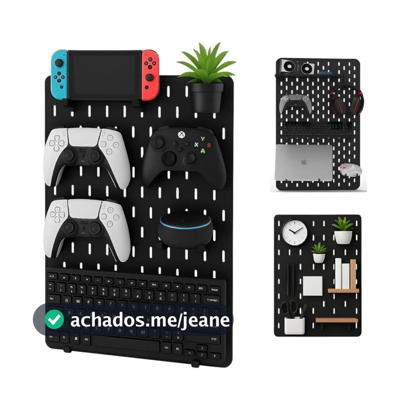 Painel Setup Gamer Pegboard Mdf Preto Premium Home Office com Kit Ganchos e Prateleira