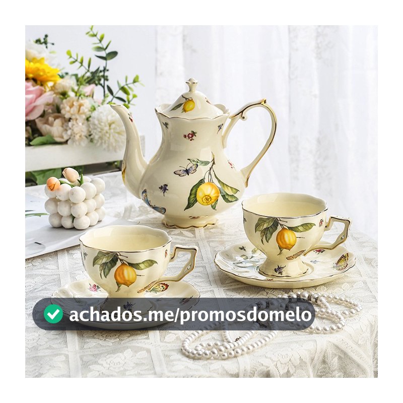 Bule de Cerâmica para Chá Cafe Xicara Porcelana Floral Lemon Estilho Inglês Vintage Elegante Mesa Posta  Decor