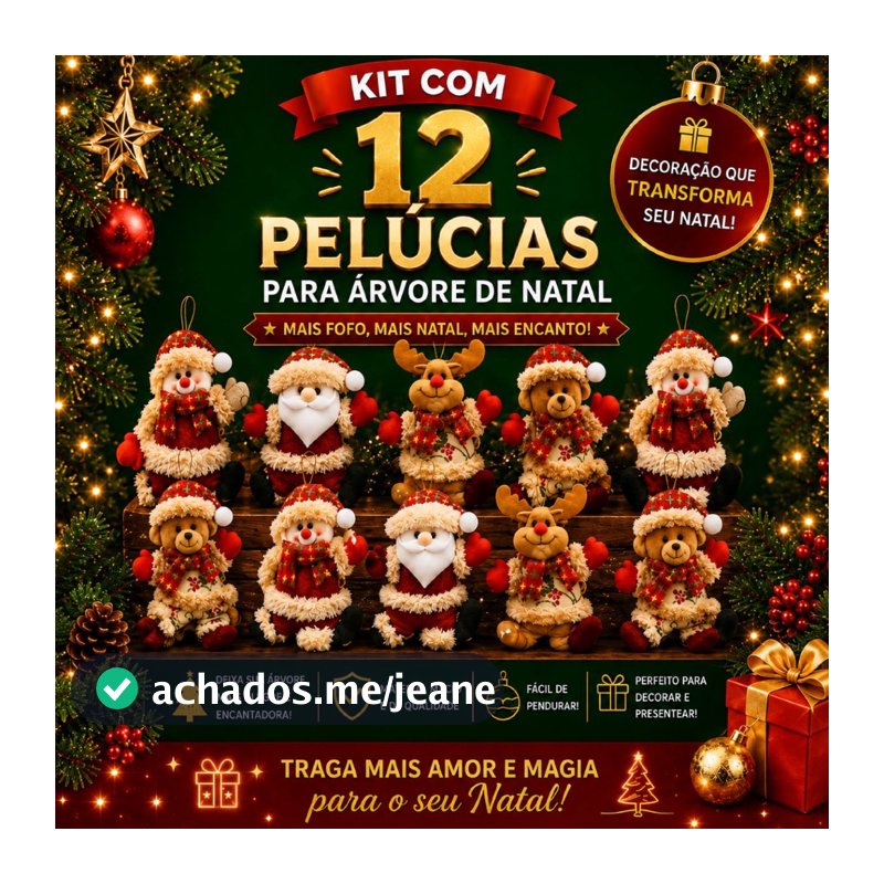 Kit 12 Bonecos de Pelúcia Pingentes Arvore de Natal Enfeites Decorativos Premium Luxo Papai Noel Rena Boneco Neve Meia