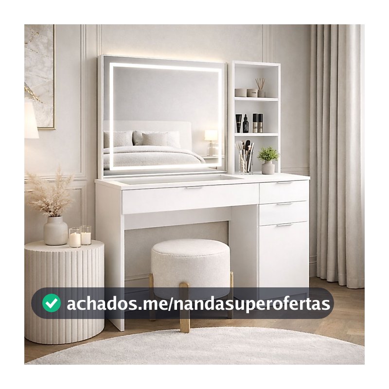 Penteadeira Bella 1 Porta 3 Gavetas com Espelho e Led Branco - Politorno
