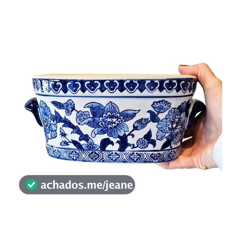 Vaso Cachepot Oval Porcelana Azul Branco Floral 24 cm Decorativo Arranjos Flores Plantas Centro Mesa Aparador Escritório