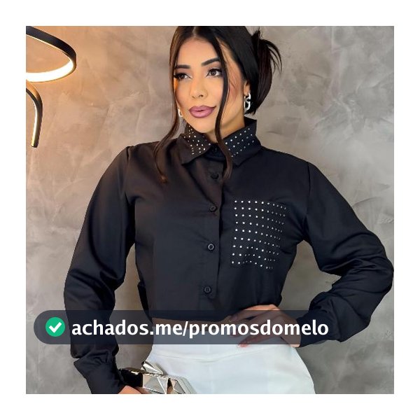Camisa Cropped De Brilho Preto com Manga Comprida Colarinho e Bolso Com STRASS Social Alfaiataria