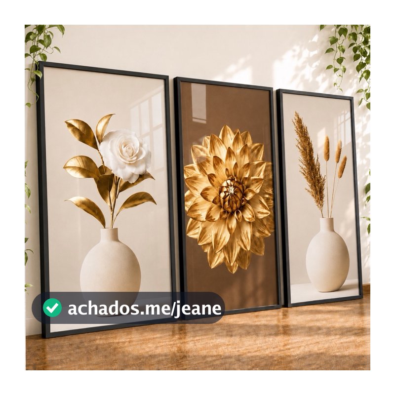 Quadro Decorativos Trio Moderno Exclusivo Flores Rosa Branco Dourado para Sala Hall