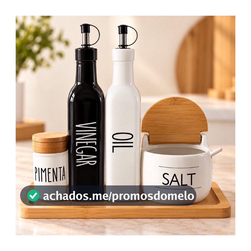 Galheteiro Azeitei Vinagre Sal Pimenta Preto Branco Bandeja Bambu  Galheteiro Kit Completo