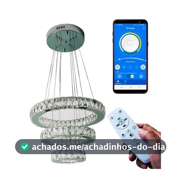 Lustre Pendente Cristal Led 3 Anéis Controle Remoto Aplicativo Bluetooth
