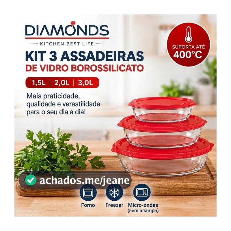 Kit 3 Assadeiras Travessa de Vidro Oval com Tampa Forno Micro-ondas Airfray Freezer 1,5l 2l e 3l