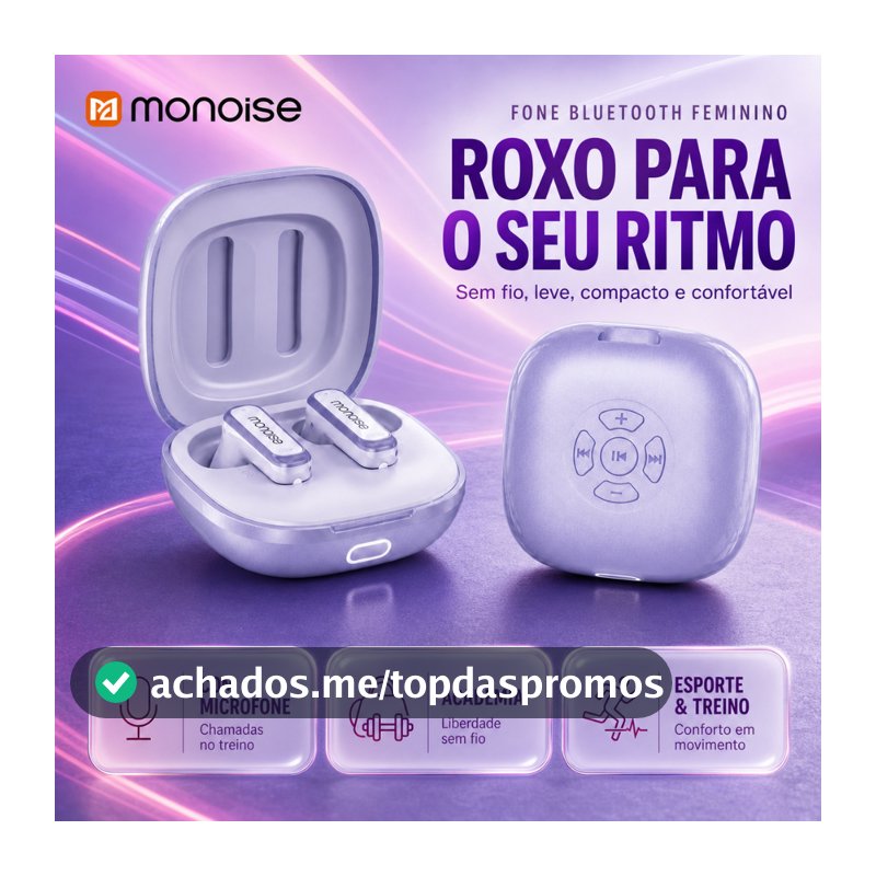 Fone Sem Fio Bluetooth Feminino Roxo Monoise com Microfone para Academia, Esporte e Treino, Leve, Compacto e Confortável