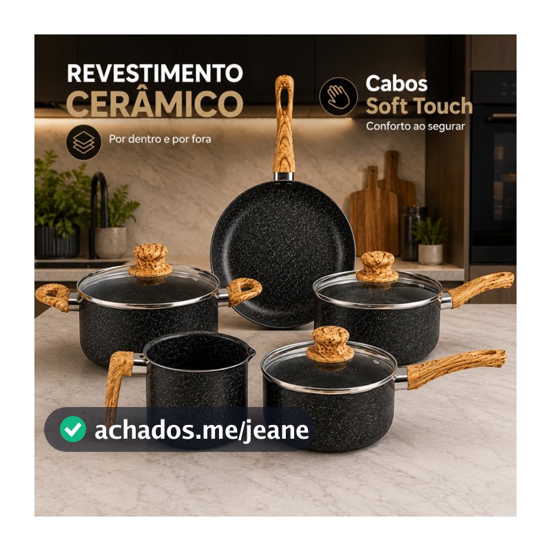 Jogo de Panelas Cerâmica 5 Peças Antiaderente Indução e Gás Cooktop Tampa de Vidro Cabo Soft Touch Não Gruda Cozinha