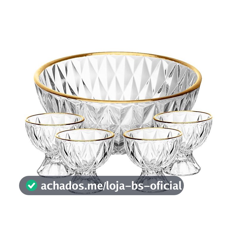 Conjunto 1 Bowl 1L e 4 Taças 120ml Diamond Lyor Cristal com Fio de Ouro para Sobremesas Doces Frutas Mousse Pavê 5 Peças