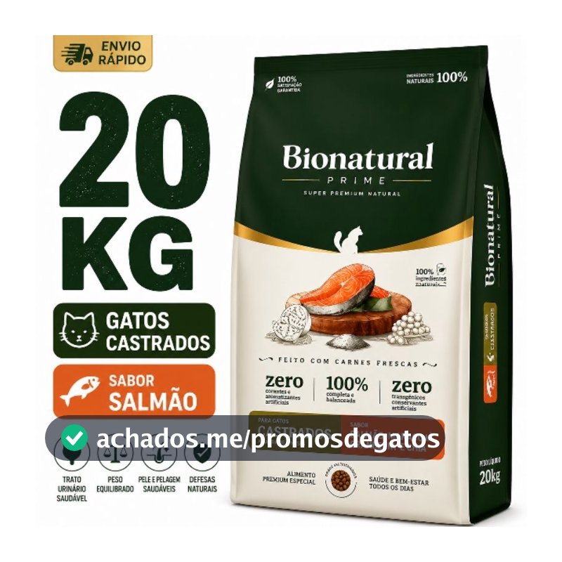 Ração Bionatural Para Gatos Castrados sabor Salmão 20 KG Ração Super Premium