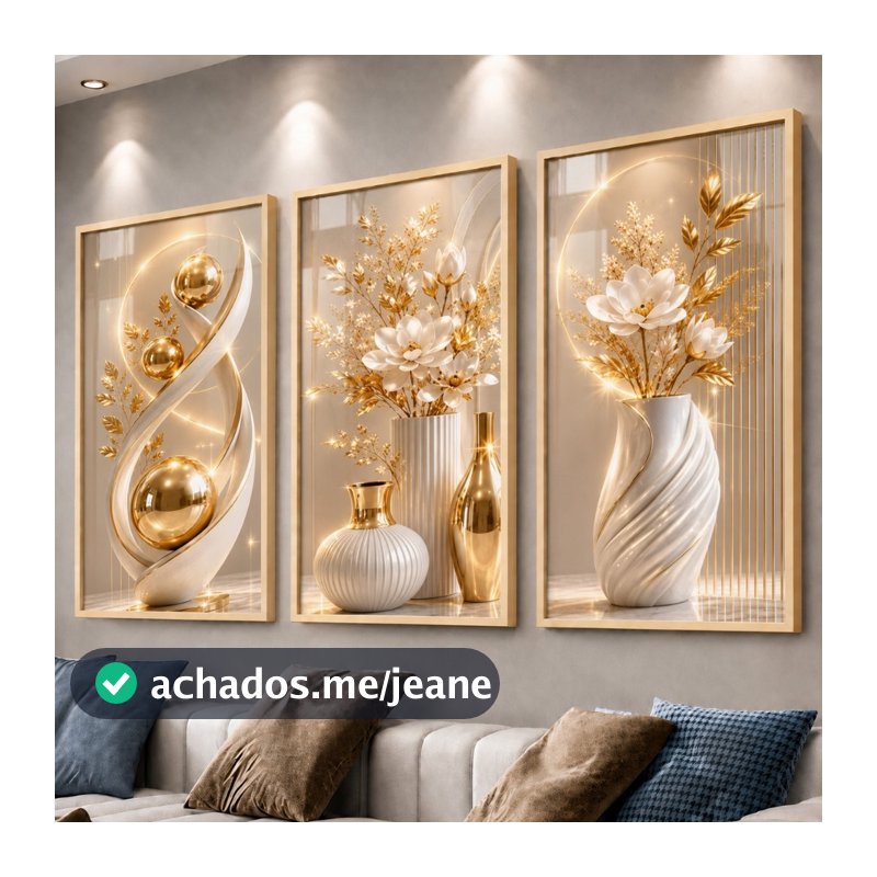 Kit 3 Quadros Decorativos Modernos com Vasos Brancos Flores Douradas e Escultura Abstrata para Sala Quarto Escritório Lu